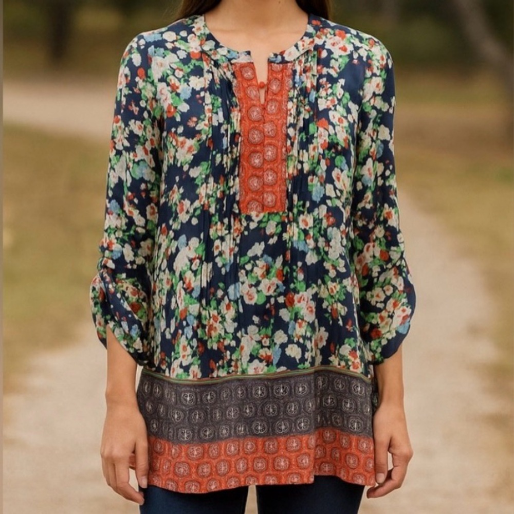 Daniel Rainn  Blue Floral Peasant Boho Blouse Shirt Size M Medium Semi Sheer Top